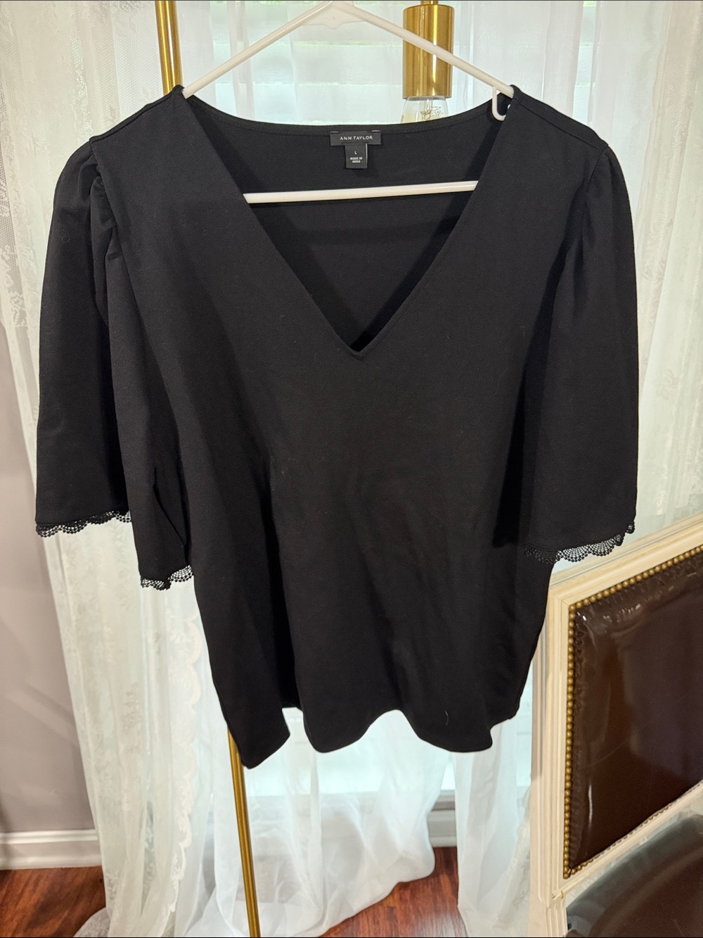 Ann Taylor Black V-Neck Puff Sleeve Top with Lace Trim